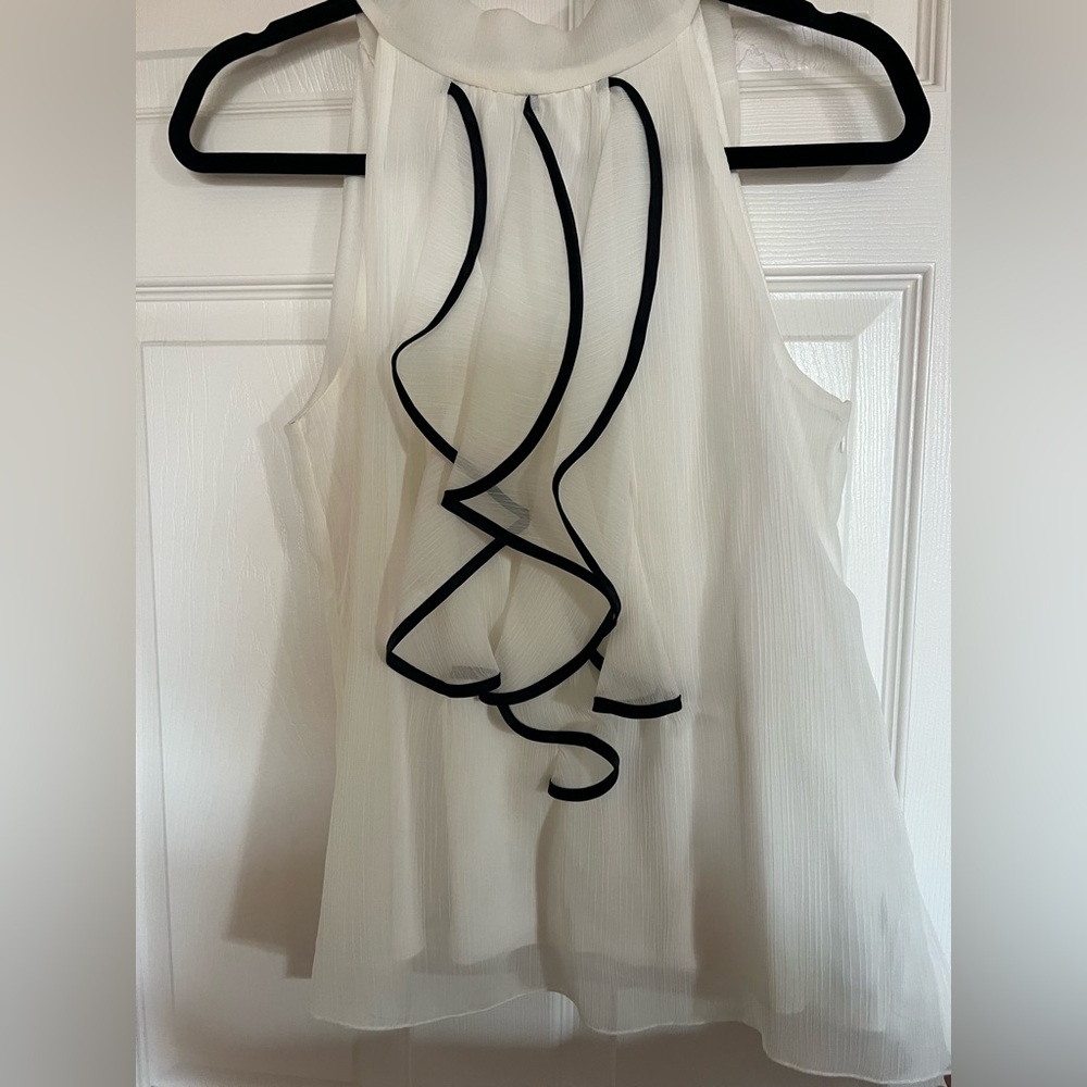 Byer California romantic White Blouse with Black ruffle Accents.